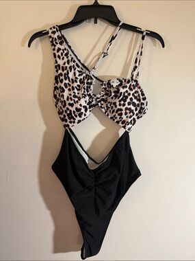 Leopard Print & Black One-Piece Swimsuit